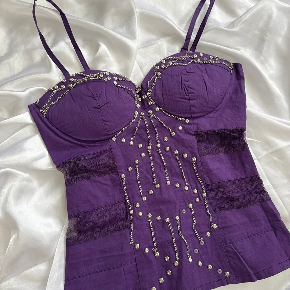 Lydia Purple Studded Chain Bustier Top Mesh Panels Gothic Punk Camisole Small
